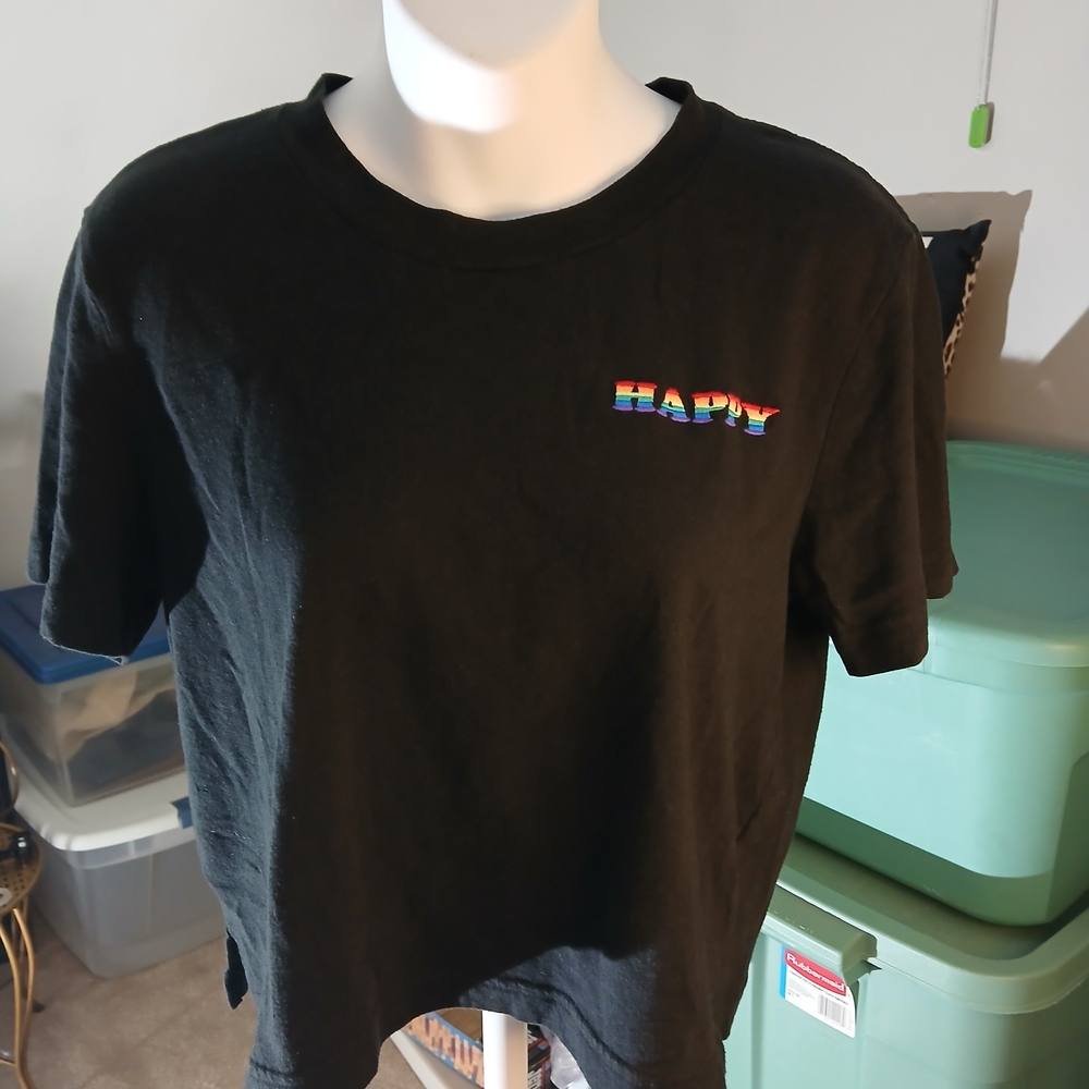 PINK VS Cropped Black Rainbow Colored Logo "HAPPY" Embroidered  Tee Bigger Sized